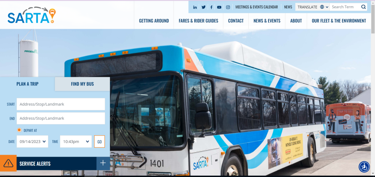 SARTA bus website homepage 