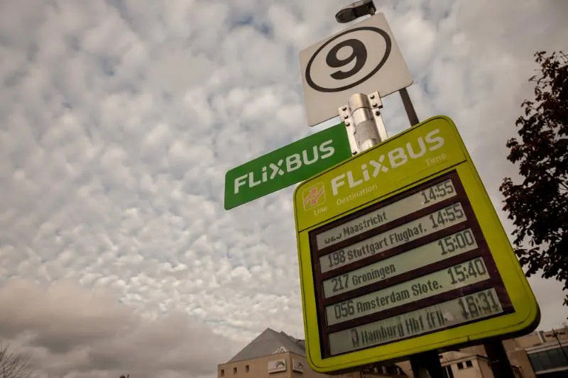 Flixbus logo on a bus station