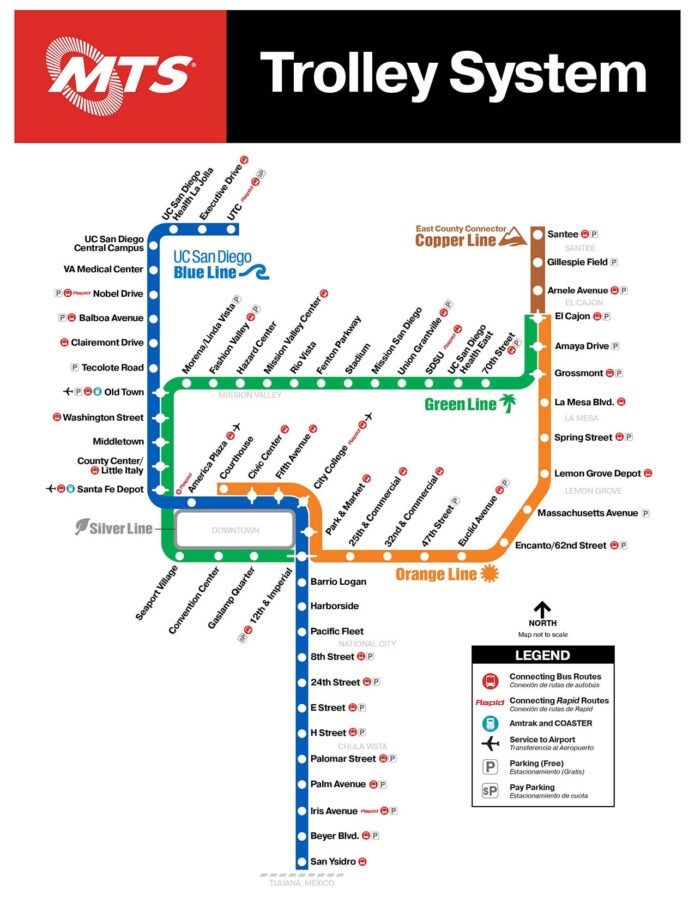 The map of San Diego trolley system with routes 