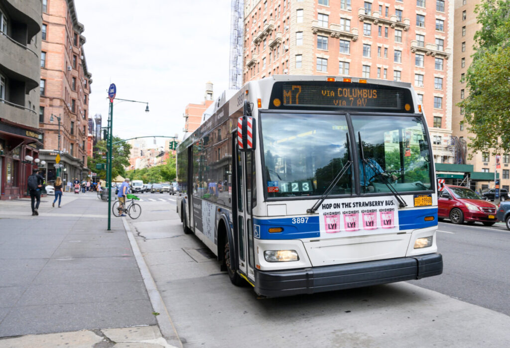 M7 bus on Columbus Avenue, Upper West Side, Manhattan, during the COVID-19 pandemic.