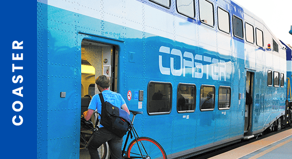 Passenger bringing his bike on board the coaster commuter train in San Diego