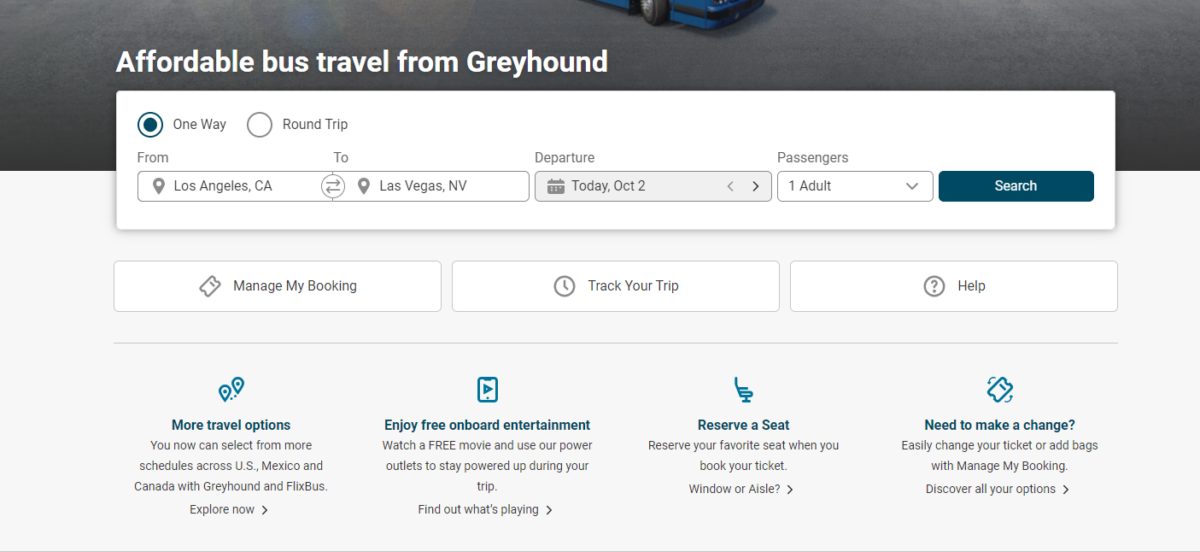 Greyhound online booking screen