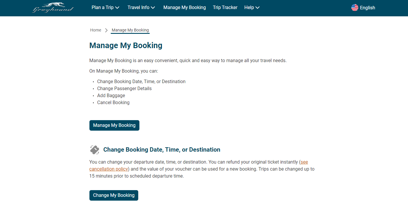 Greyhound Manage My Booking screen