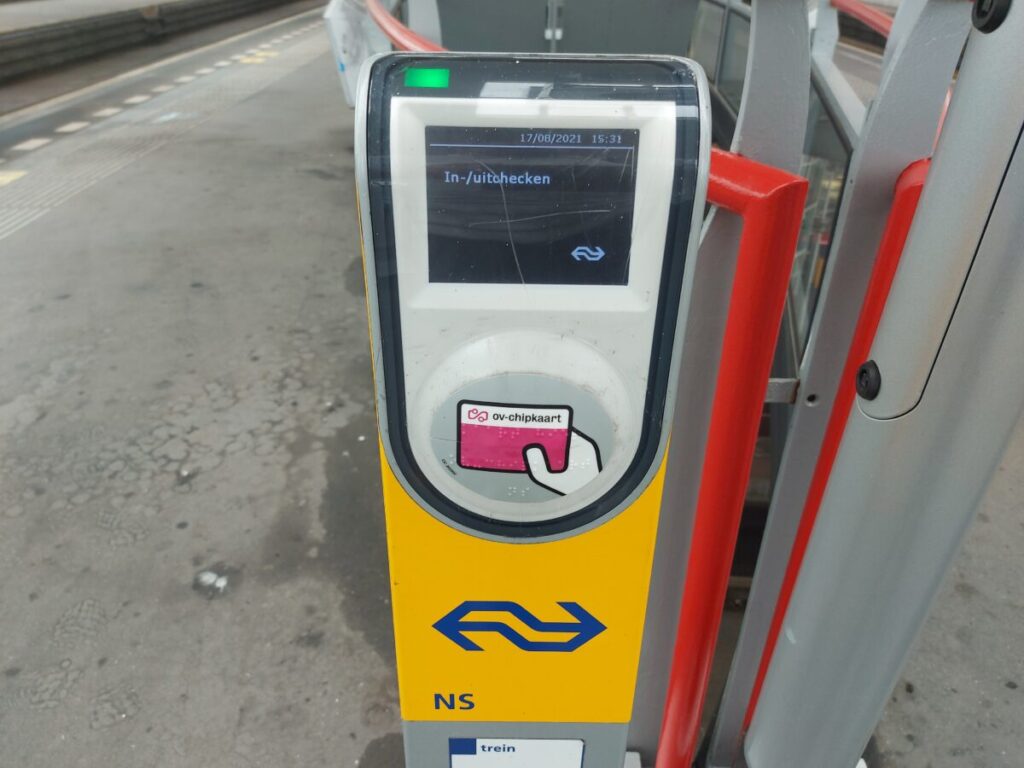 NS OV-chipkaart reader for check-in and check-out at train stations in the Netherlands.