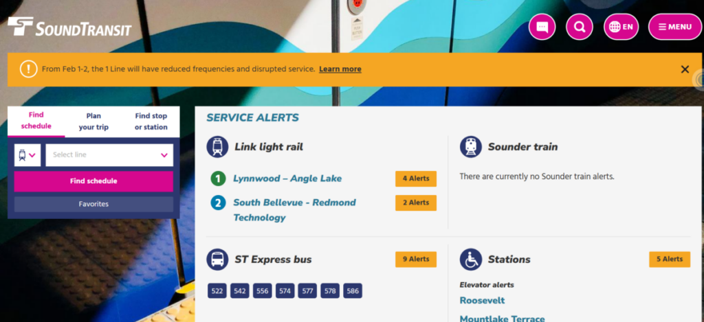 SoundTransit service alerts website landing page