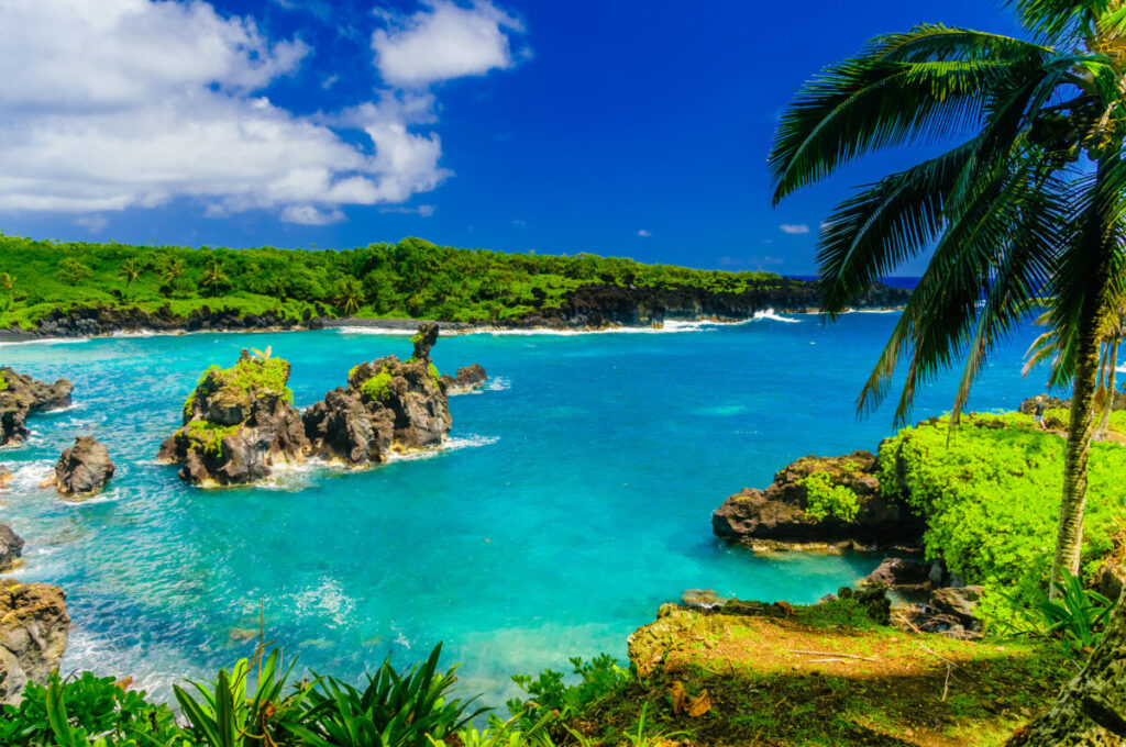 Stunning coastal landscape with vibrant ocean and tropical vegetation on the Road to Hana, Maui.