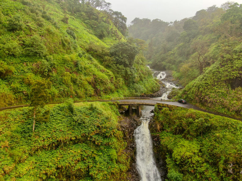 Lush tropical landscape featuring a waterfall, winding road, and vibrant greenery in Maui, Hawaii.