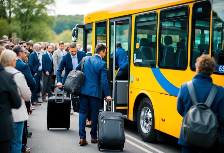 Passengers boarding a budget bus, luggage in hand. Driver assisting with loading. Brightly colored exterior with destination sign. Crowd of people waiting in line