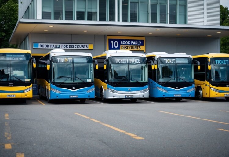 A line of buses parked in front of a ticket office, with a sign advertising "Book Early for Discounts" and "10 Budget Bus Travel Tips."
