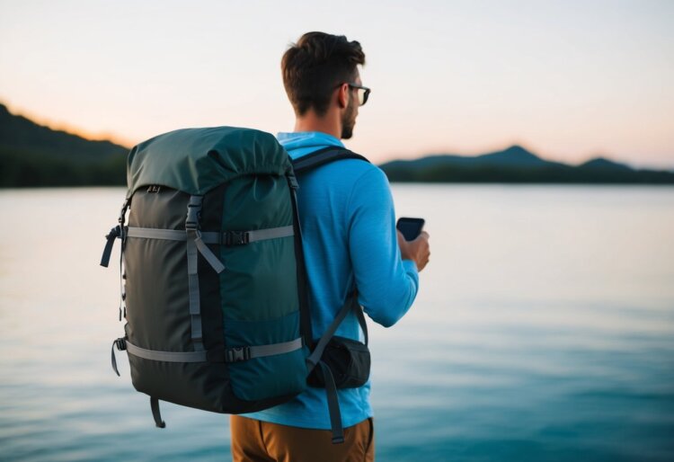 A traveler packing a small backpack with minimal clothing and essentials, avoiding bulky items