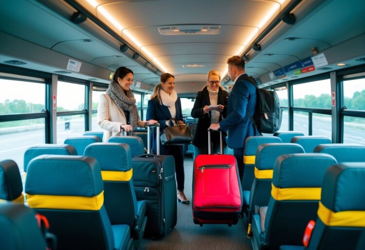 Passengers boarding a budget bus with luggage, purchasing tickets, and finding their seats