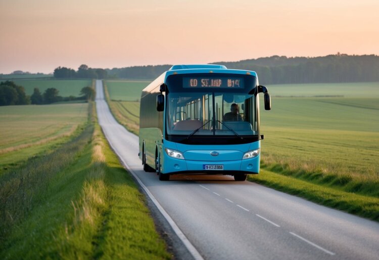 A peaceful, empty bus traveling through a serene countryside landscape during off-peak season