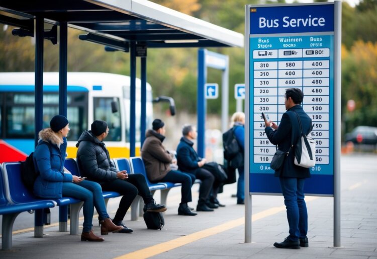 Passengers waiting at a bus stop, looking at a sign with different bus service options. A person comparing prices and schedules on their phone