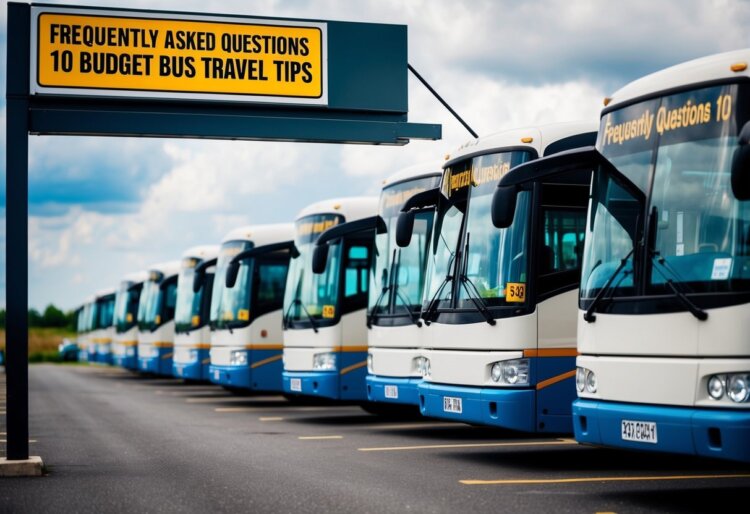 A line of buses parked in a row, with a sign displaying "Frequently Asked Questions 10 budget bus travel tips" above them