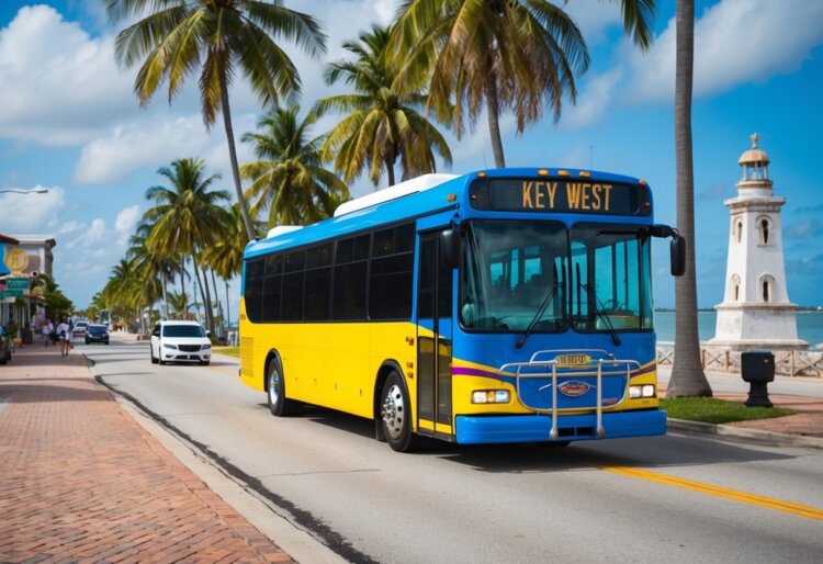 A colorful bus driving along palm-lined streets in Key West, Florida, passing by historic landmarks and beautiful beaches