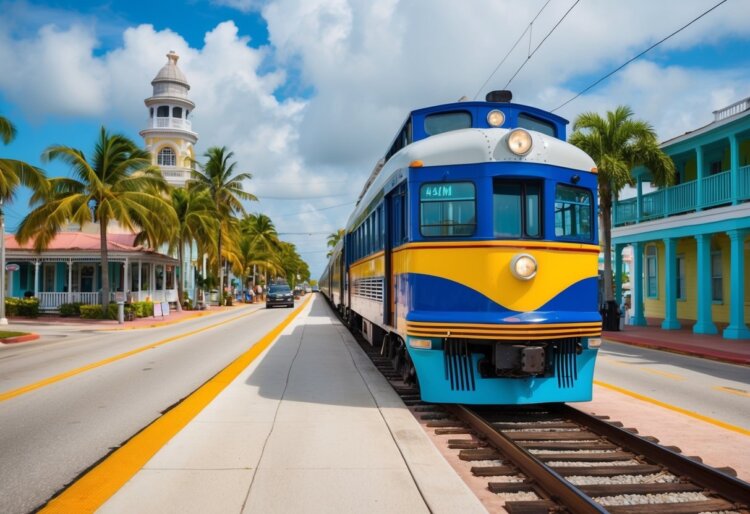 A colorful Conch Train winds through the streets of Key West, passing by historic landmarks and vibrant tropical scenery