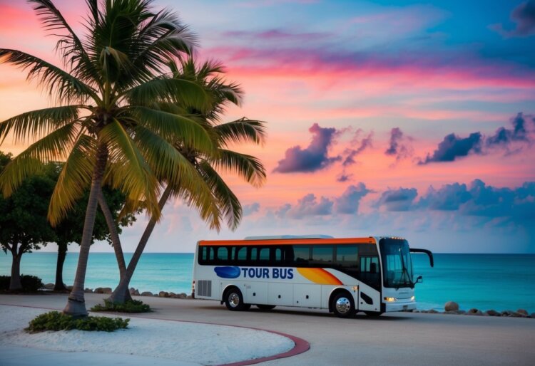 A colorful Key West sunset over palm trees and a tour bus parked by the ocean