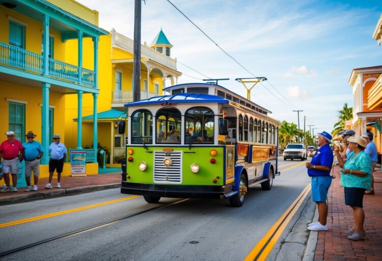 A colorful trolley winds through the vibrant streets of Key West, passing historic landmarks and cultural sites. Tourists listen to a guide's lively narration as they soak in the rich history and culture of the Florida island