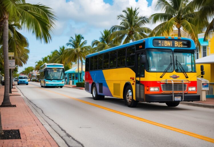A colorful bus driving along palm-lined streets past popular Key West attractions