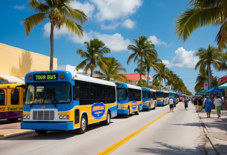 A sunny street in Key West, Florida, with colorful tour buses lined up, palm trees swaying in the breeze, and tourists milling about