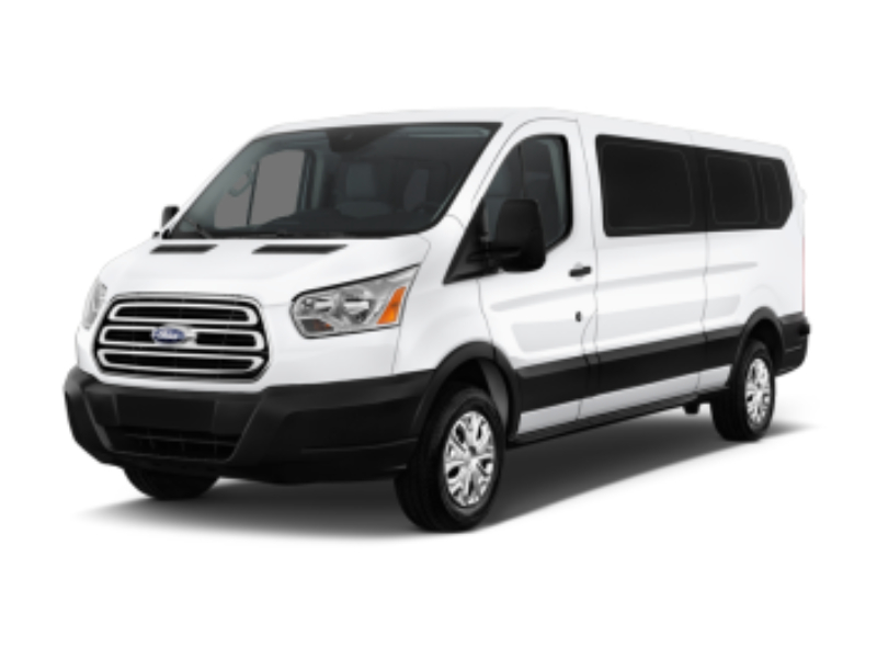 White passenger van with sleek design and tinted windows, ideal for group transportation.